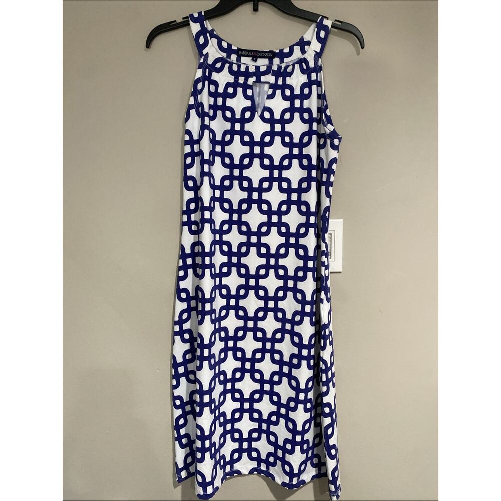 Barbara Erickson Blue & White Nautical Pattern Sleeveless Dress Stretch Sz Sm